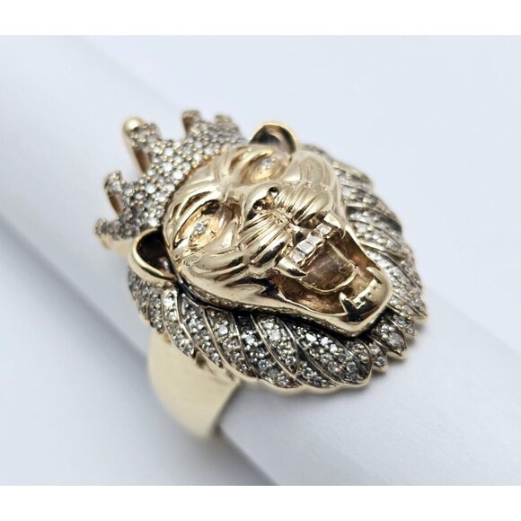 Unique 10K Solid Yellow Gold Designer Crown Lion Head Diamond Ring - Size 11.50 - Picture 7 of 15